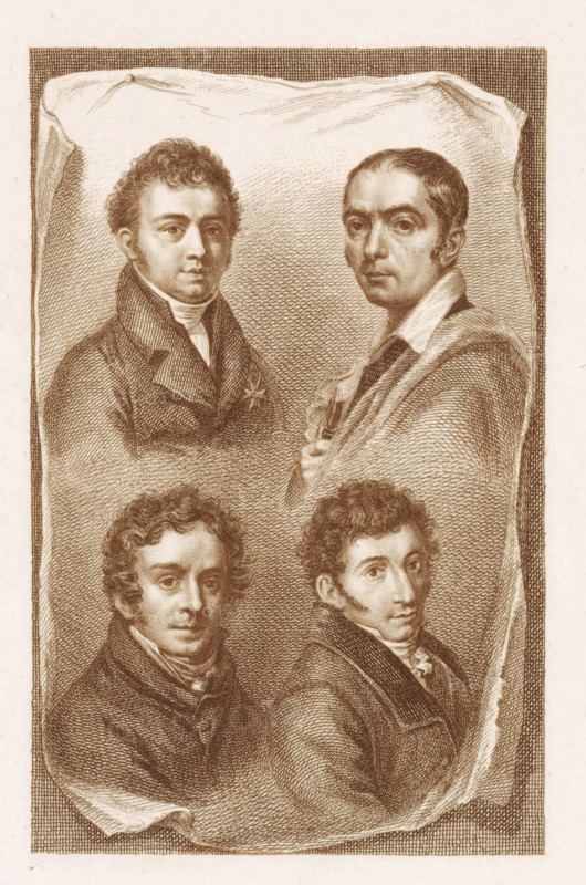 Portraits of Jan Willem Pieneman, Cornelis Cels, Pieter Christoffel Wonder and Paul Joseph Constantin Gabriël, print, Portraits of the Dutch artists Jan Willem Pieneman, Pieter Christoffel Wonder and Paul Joseph Constantin Gabriël on a leaf that curls at the bottom and is attached at two points to a wall., printmaker: Willem van Senus, Netherlands, 1783 - 1851, paper, etching, engraving, etching and engraving in brown, height 263 mm x width 166 mm, Person, Jan Willem Pieneman, Paul Joseph Constantin Gabriël, Pieter Christoffel Wonder, A sepia-toned engraved portrait showing four men arranged within a draped rectangular frame, each depicted from the chest up with varied head angles and composed expressions; the upper left man has curly hair and a high-collared coat with a decorative star-shaped insignia on his lapel, the upper right man has shorter hair slicked back, a turned head, and holds a small object near his chest while wearing a cloak with a visible collar, the lower left man ha...