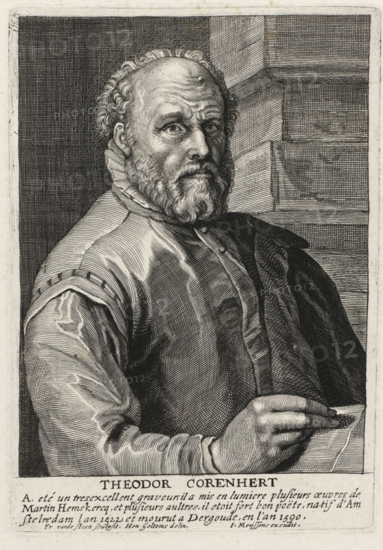 Portrait of Dirck Volckertsz. Coornhert, Image de divers hommes, print, Portrait of scholar, writer and artist Dirck Volckertsz. Coornhert. At the bottom in the margin a three-line text in French., printmaker: Frans van der Steen, Antwerp, after drawing by Hendrick Goltzius, publisher: Joannes Meyssens, 1649, paper, engraving, gravure, height 160 mm x width 114 mm, A black and white engraved portrait of an older man shown from the waist up, seated and turned slightly to his left, with a bald forehead and curly hair at the sides, a full beard and mustache, and deep-set eyes looking forward; he wears a high ruffled collar beneath a loose garment with visible folds and textured shading, and a darker cloak draped over one shoulder; one hand rests on a flat surface holding a folded sheet of paper; the background includes crosshatched shading and the suggestion of a paneled wall or architectural block behind him.