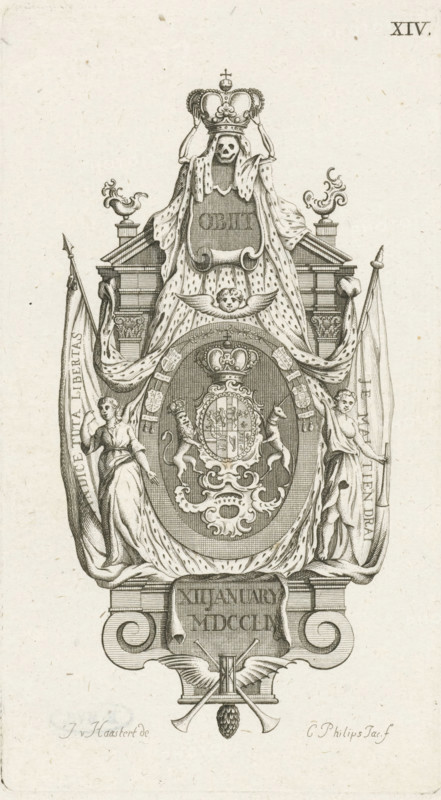 Epitaph for the deceased Princess Anna of Hanover, 1759, print, Monument or memorial stone for Princess Anna of Hanover, who died in 1759. Monument composed of banners, allegorical female figures, and a royal ermine cloak, crowned by a skeleton with a royal crown. In the center, the princess's coat of arms is held by a lion and a unicorn. Marked in the upper right: XIV., printmaker: Caspar Jacobsz. Philips, Amsterdam, after drawing by Isaac van Haastert, 1752 - 1789, Caspar Jacobsz. Philips, Isaac van Haastert, printmaker, after drawing by, paper, etching, height 174 mm x width 98 mm, Pendant of the print with Epitaph for the deceased Prince William IV, 1751, Person, Anna of Hanover, 'Vanitas' symbols, epitaph, Death of Anna of Hanover (1759), Delft, Period, 1759-01-12, An ornate engraved emblem occupies the vertical composition, centered on a large draped mantle topped by a crowned skull with a crown being held above it, flanked by architectural pedestals with decorative finials. The ...