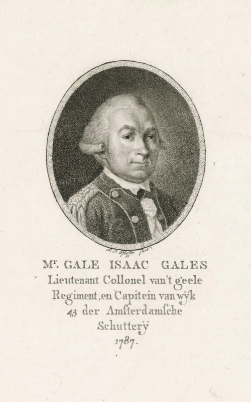 Portrait of Gale Isaac Gales, print, printmaker: François Joseph Pfeiffer (I), Amsterdam, 1787, paper, etching, aquatint, etching and aquatint, height 224 mm x width 175 mm, Person, Gale Isaac Gales, An oval portrait of a man rendered in a stippled engraving style set against a light textured background, showing his head and upper torso within a dark oval field framed by a dotted border; he has powdered hair styled away from his face, a high forehead, and a composed facial expression with visible eyes, nose, and mouth; he wears a dark coat with decorative buttons and epaulette-like detailing on the shoulder, a white cravat at the neck, and a light colored shirt; below the oval there are several lines of printed text on the page.