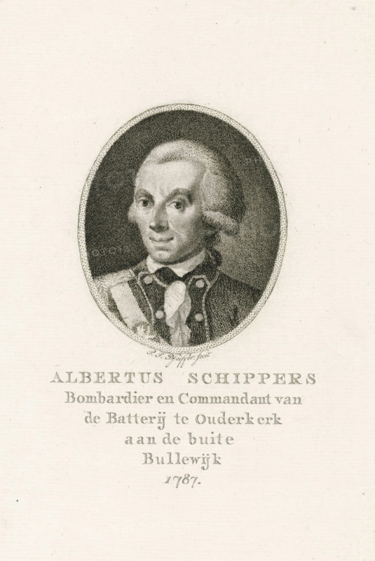 Portrait of Albertus Schippers, print, printmaker: François Joseph Pfeiffer (I), Amsterdam, 1787, paper, etching, aquatint, etching and aquatint, height 233 mm x width 175 mm, Person, Albertus Schippers, An oval black and white stipple portrait of a man with light colored, styled hair and a high forehead, shown from the shoulders up and wearing a dark coat with decorative buttons and a light cravat, set against a dark oval background and surrounded by a dotted oval frame, all on a light textured paper.