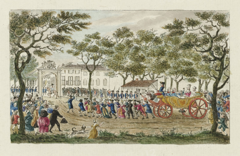Welcome of the Princess of Orange and the children, 1787, print, Welcome of the Princess of Orange and the children by the citizenry in The Hague, September 24, 1787. The open carriage with the royal family is being pulled by men and women along the road to the Boschbrug., printmaker: Mathias de Sallieth, after drawing by Maria Margaretha la Fargue, paper, etching, hand coloring, hand-colored, proof print, height 123 mm x width 198 mm, State with the typeface used as an illustration in: De Haagsche princelyke en koninglyke almanach, voor het schrikkeljaar 1788. Johannes François Jacobs d'Agé: The Hague, 1788., Person, Wilhelmina of Prussia (1751-1820), public festivities at other royal events, not meant or mentioned above, human being(s) drawing or pushing a vehicle not usually propelled by manpower, Herstel van stadtholder Willem V (1787), The Hague, Period, 1787-09-24, A colored engraving showing a tree-lined avenue with many people gathered around a large ornate carriage pulled by h...