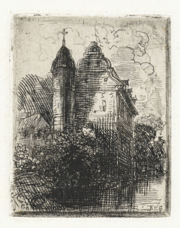 Graesbroeck, Castle with round tower, print, printmaker: Alexander Schaepkens, 1830 - 1899, paper, chine collé, etching, height 63 mm x width 50 mm, castle, A detailed monochrome etching of a tall building with rounded towers and domed roofs rising above dense foliage, rendered with crosshatching and fine line work; clouds and sky are sketched behind the structure, and textured vegetation fills the foreground and sides, all framed by a faint rectangular border.