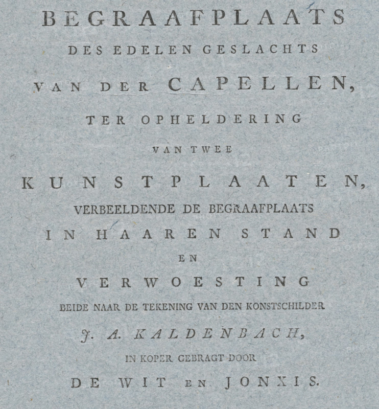 Book accompanying two prints with images of the cemetery of the Van der Capellen family, Reporting on the Cemetery of the Noble Van Der Capellen Family, book, publisher: Anthony Mens Jansz, Amsterdam, 1789, paper, letterpress printing, woodcut, woodcut and text in letterpress, height 284 mm x width 233 mm, A textured blue-gray paper background with evenly spaced dark printed characters arranged in centered horizontal lines, the characters appearing as serif glyphs in varying sizes and weights, forming multiple rows across the page with generous vertical spacing, the ink showing slight irregularities and faint wear where the paper fiber texture is visible, and small flecks and fibers scattered throughout the surface.