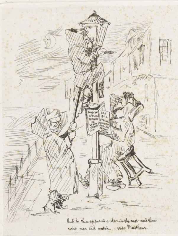 Three men by a gas lantern, cartoon, print, A gas lantern stands by a building with three men in long coats. The man on the left holds a stick and uses it to support the man who has climbed into the gas lantern. On the other side, a man sits on a stool. English texts are displayed on several pages of paper in his hands or on the lantern. A face is depicted in the waxing moon. Below the image is a two-line English text from the Bible, freely adapted from Matthew 2., printmaker: Frederik Hendrik Weissenbruch, The Hague, 1843 - 1887, paper, etching, height 163 mm x width 135 mm, cushion, caricatures (human types), civic architecture, edifices, dwellings, street lighting, waxing moon represented as face, gas-lamp, A pen-and-ink sketch shows three robed figures gathered around a tall street lamp; one figure is perched on a ladder near the lamp head, another stands holding the ladder, and a third kneels or bends beside the lamp while holding a small sign attached to the pole. The scene inclu...