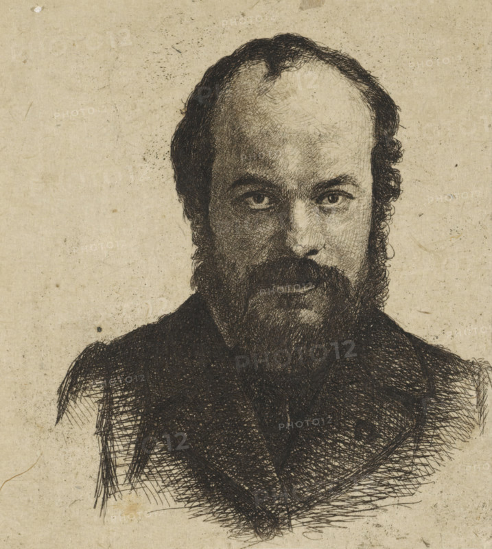 Portrait of Jan Weissenbruch, print, Portrait of the artist Jan Weissenbruch, older brother and teacher of the manufacturing artist., printmaker: Frederik Hendrik Weissenbruch, The Hague, 1863, paper, chine collé, etching, drypoint, etching on chine collé, worked up with drypoint, height 95 mm x width 75 mm, Person, Jan Weissenbruch, historical persons, portrait, self-portrait of artist, beard, A close-up ink drawing of the upper body and head of a bearded person with a receding hairline, rendered on textured paper with fine cross-hatching and stippling; the face shows detailed eyes, a moustache and full beard, with curly hair at the sides and darker shading around the lower face and clothing, while the background remains the plain, slightly speckled paper.