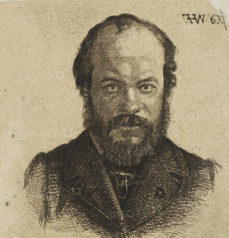 Portrait of Jan Weissenbruch, print, Portrait of the artist Jan Weissenbruch, older brother and teacher of the manufacturing artist., printmaker: Frederik Hendrik Weissenbruch, The Hague, 1863, paper, chine collé, etching, etching on chine collé, height 87 mm, width 93 mm, Person, Jan Weissenbruch, historical persons, portrait, self-portrait of artist, beard, A sepia-toned sketch of a bearded man shown from the chest upward, rendered with dense cross-hatching and fine lines on textured paper; his hair is receding at the forehead with curly hair at the sides, his eyes look forward beneath furrowed brows, a full beard and mustache cover his lower face, and he wears a dark coat and visible collar with textured shading around the shoulders and chest.