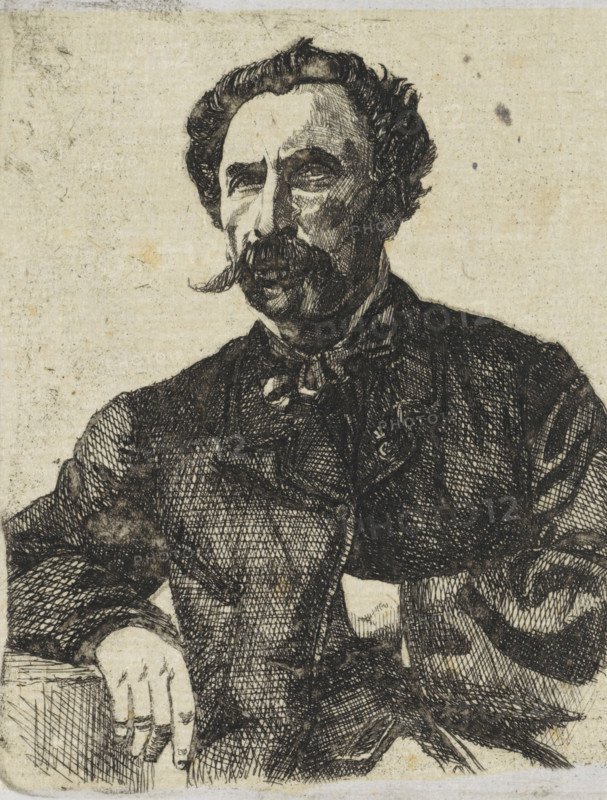 Portrait of Samuel Verveer, print, Portrait of the artist Samuel Verveer, teacher of Jan Weissenbruch, the older brother of the manufacturing artist., printmaker: Frederik Hendrik Weissenbruch, The Hague, 1863, paper, chine collé, etching, etching on chine collé, height 86 mm, width 71 mm, Person, Salomon Leonardus Verveer, historical persons, portrait, self-portrait of artist, mustache, A detailed black ink sketch of a seated man from the waist up on aged paper, showing a face with a prominent mustache and wavy hair, shaded crosshatching on the cheeks and forehead, a high-collared shirt with a loosely tied neckcloth, and a dark jacket with textured crosshatched shading; one arm rests on a surface with a visible hand and fingers, while the other arm is bent at the elbow, and the background is plain with scattered speckles and slight stains.