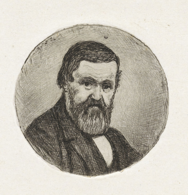 Round portrait of an unknown man with a beard, print, Portrait of an unknown man with a beard., printmaker: Frederik Hendrik Weissenbruch, The Hague, 1843 - 1887, paper, etching, diameter 48 mm, beard, anonymous historical person portrayed alone, A detailed pencil or ink portrait of an older man shown from the chest up inside a circular frame, with a full beard and mustache, short dark hair combed back, furrowed brow, and downcast eyes; he wears a dark textured jacket and a light shirt beneath, and the circular background is filled with fine crosshatching lines while the surrounding paper is blank and lightly speckled.