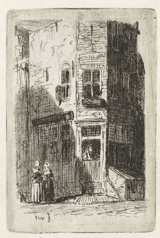 View of a corner house in Leiden, print, Two women stand in front of a corner house., printmaker: Jan Weissenbruch, The Hague (possibly), 1837 - 1880, paper, chine collé, etching, etching on chine collé, height 80 mm x width 55 mm, urban housing, adult woman, city-view, and landscape with man-made constructions, Leiden, A narrow street scene rendered in fine dark lines shows three tall adjacent buildings with textured facades and multiple window openings, one building heavily shaded creating a dark vertical block, another with visible window ledges and a small doorway or balcony where a single figure stands behind railing, and a lighter worn wall with uneven surface and small arched openings. Two figures in long garments and head coverings stand close together on the street near the foreground, while a low structure with a slanted roof sits beside the rightmost building. The ground is marked with horizontal strokes and the composition is framed by a faint rectangular border.
