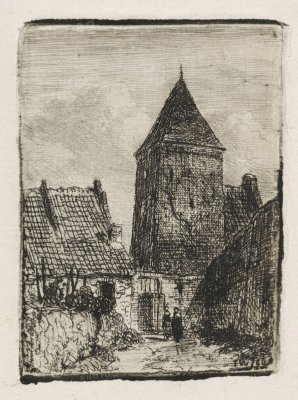 Square tower in Culemborg, print, On the right stands a square tower partly behind a house. Another house is visible on the left. Two figures are walking in the middle., printmaker: Jan Weissenbruch, Culemborg (possibly), 1850, paper, chine collé, etching, etching on chine collé, height 64 mm x width 47 mm, urban housing, city-view, and landscape with man-made constructions, tower (of house or building), A narrow vertical scene in monochrome shows a tall square tower with a steep pointed roof rising above clustered buildings with tiled roofs; fine crosshatching and line work render the stone and roof textures and a sky filled with horizontal and crosshatched strokes; in the foreground there is a low wall topped with vegetation and a narrow path leading into an archway at the base of the tower where two small human figures stand; dense dark shading marks a tall mass of foliage or a shaded building on the right, while the left foreground shows a sloping roofline and scattered bushes.