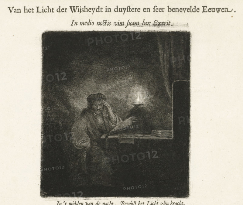 Student at a table by candlelight, print, book illustration, printmaker: Salomon Savery, after print by Rembrandt van Rijn, publisher: Tymon Houthaeck, 1654, Rembrandt van Rijn, after print by, paper, etching, letterpress printing, height 274 mm x width 298 mm, height 147 mm x width 131 mm, Mirror image copy of the print of the same name by Rembrandt., studying at night, A dark rectangular scene framed by lighter margins shows an older person seated at a table with a large open book, wearing a loose robe and a rounded cap, one hand supporting their head while the other rests near the book; a small lit lamp on the table casts a glow that illuminates the figure and nearby pages, while deep shadows fill the surrounding space and a heavy drape hangs to one side.