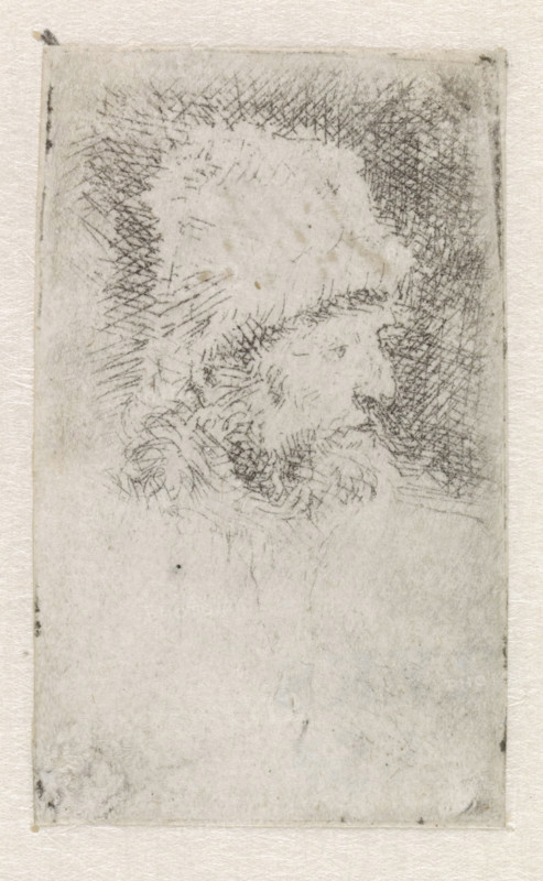 Old man with a flowing beard: bust, print, monogram and date: 'RHL 1631', printmaker: Rembrandt van Rijn, 1631, paper, etching, height 67 mm x width 65 mm, A vertical rectangular sheet with a faded pencil or ink sketch near the top showing a profile of a bearded head facing right, surrounded by dense cross-hatched shading and lighter sketch lines, the paper showing subtle stains and textured fibers, with wide blank space below and narrow margins on the left and right edges.