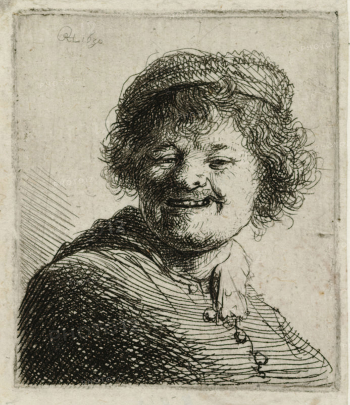 Self-portrait in a cap: laughing, print, monogram and date: 'RHL 1630', printmaker: Rembrandt van Rijn, 1630, paper, etching, intaglio printmaking technique, printed with light plate tone, height 49 mm x width 43 mm, Person, head-gear: cap (men's clothes), A close-up etching of a person with curly hair wearing a cap, showing a smiling face with closed eyes and visible teeth, a dark cloak over the shoulders, and a loosely tied scarf or cravat at the neck, all rendered in fine crosshatched lines on a textured, light background.