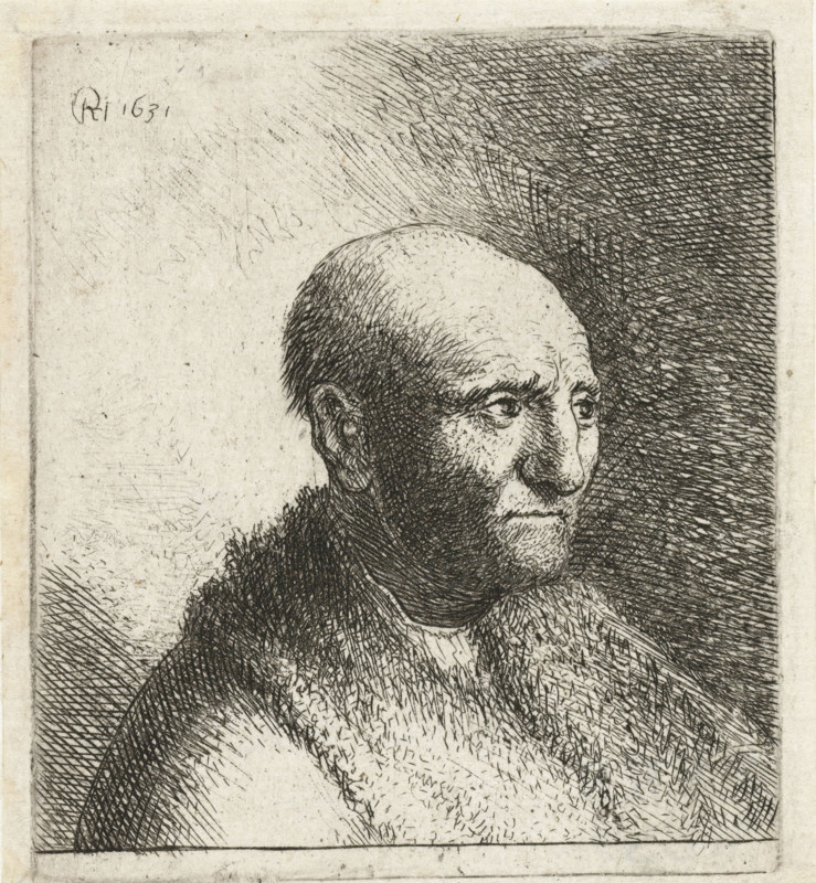 Bald man in a fur cloak: bust, print, A man with a bald head and a coat with a fur collar., printmaker: Rembrandt van Rijn, Netherlands, printmaker: attributed to Jan Gillisz. van Vliet, c. 1631, Attributed to, paper, etching, height 66 mm x width 58 mm, The plate was reworked by another hand, possibly Jan Gillisz. van Vliet., baldness, adult man (three-quarter view), A monochrome etching of an older bald man shown from the shoulders up in three-quarter profile, with detailed cross-hatched lines defining his receding hairline, wrinkles, and contemplative expression; his eyes look slightly downward, his nose is prominent, and his thin lips form a subtle line; he wears a textured garment around his neck and shoulders rendered with dense, short strokes, while the background contrasts with heavy diagonal cross-hatching on one side and lighter, sparse marks on the other, and faint irregular scratches and speckles appear across the paper.