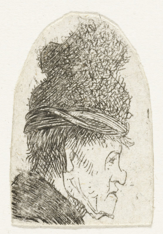 Grotesque profile: man in a high cap, print, Man with a high cap and striking facial contour., printmaker: Rembrandt van Rijn, Netherlands, printmaker: attributed to Jan Gillisz. van Vliet, c. 1629, Attributed to, paper, etching, height 38 mm x width 26 mm, The plate was reworked by another hand, possibly Jan Gillisz. van Vliet., adult man (sideview, profile), A narrow vertical sketch of a person's head and upper shoulder in profile facing right, rendered in fine dark pencil or ink lines on textured off-white paper, showing a tall, rounded hat with dense short strokes suggesting a fuzzy texture, a horizontal band around the base of the hat with curved crosshatching, short straight hair visible beneath the band, a long hooked nose, a pronounced chin with a small beard or goatee, a slightly open mouth, a visible ear with interior line detail, and a shoulder and upper back area shaded with dense parallel strokes.