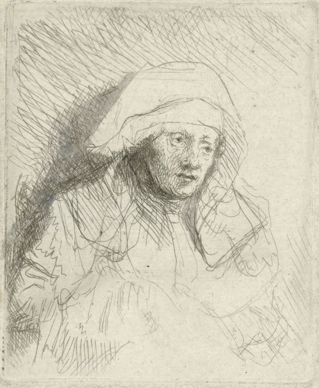 Sick woman with a large white headdress (Saskia), print, printmaker: Rembrandt van Rijn, c. 1645, paper, etching, brush, drypoint, etching and drypoint, retouched with brush in gray, height 62 mm x width 51 mm, Person, Saskia van Uylenburgh, A lightly sketched portrait of an older person wearing a hooded garment, drawn with fine, overlapping ink lines on a pale paper background; the face shows drooping eyes, a pronounced nose, and a solemn mouth, with short, textured strokes suggesting stubble and wrinkles; the hood frames the head with loose folds and crosshatched shading around one side, while rapid, directional lines fill the background and parts of the clothing, creating areas of darker tone and sketchy detail.
