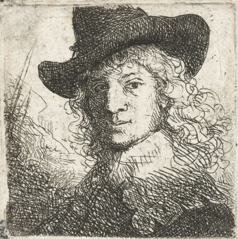Alleged portrait of Jan Six, print, Bust of a man with a hat and white collar, possibly a portrait of Jan Six., printmaker: attributed to Ferdinand Bol, Netherlands, printmaker: manner of Rembrandt van Rijn, 1630 - 1700, Attributed to, Manner of, paper, etching, height 47 mm x width 47 mm, Person, Jan Six (1618-1700), historical persons, A detailed ink drawing shows a face with long curly hair and a wide-brimmed hat, rendered with dense crosshatching and fine lines; the eyes gaze forward, the nose and mouth are softly outlined, and textured shading creates contrast across one side of the face; the hat has a dark, heavily hatched crown and brim, and curls of hair spill around the shoulders; the surrounding background is light with scattered scratches and faint marks, and additional hatched shading and line work fill the lower portion of the image.