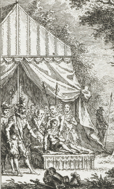 Count Ernst Casimir killed during the Siege of Roermond, 1632, print, historical print, June 2, 1632. The count on a bed in front of his army tent., printmaker: Simon Fokke, Northern Netherlands, 1722 - 1784, paper, etching, height 89 mm x width 44 mm, Illustration for a small almanac. Stands before the letter., Person, Ernst Casimir Count of Nassau-Dietz, dying, Siege of Roermond, Roermond (Limburg), Period, 1632-06-02, A detailed pen-and-ink scene shows a striped canopy tent with scalloped trim and draped fabric, beneath which a group of figures gathers. Several standing figures wear period clothing with ruffs and hats, and one seated figure reclines on a raised platform while others attend. A tall pole supports the tent and a figure holds a staff or spear nearby. Trees and foliage frame the background with textured sky lines, and in the foreground there are rocks and small plants at the edge of the scene.