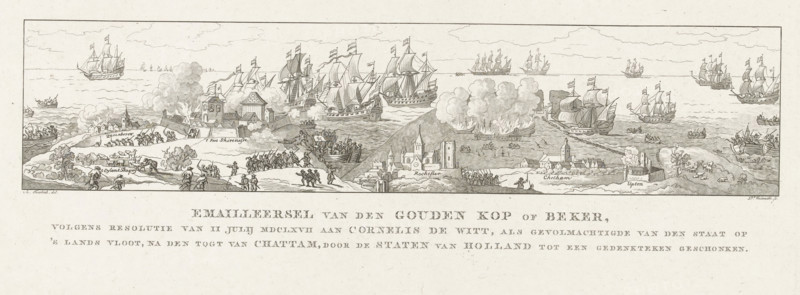 The depiction on the golden cup presented to Cornelis de Witt on the occasion of the Raid on Chatham, 1667, Enameling of the Golden Cup or Goblet, presented as a memorial by the States of Holland to Cornelis de Witt, as plenipotentiary of the State on the national fleet, after the raid on Chatham, in accordance with a resolution of 11 July MDCLXVII., print, historical object representation, Enameling depicting the Raid on Chatham and the battle around Sheerness, on the golden cup presented by the States of Holland and West Friesland to Cornelis de Witt on the occasion of the victory over the English during the Raid on Chatham, 20-23 June 1667., printmaker: Daniël Veelwaard (I) (signed by artist), Netherlands, after drawing by Abraham Teerlink, 1786 - 1857, paper, etching, height 238 mm x width 480 mm, The cup is currently located in the Louvre in Paris., Person, Cornelis de Witt, States of Holland and West Friesland, battle (naval force), Voyage to Chatham, Chatham, Medway (river), Ken...