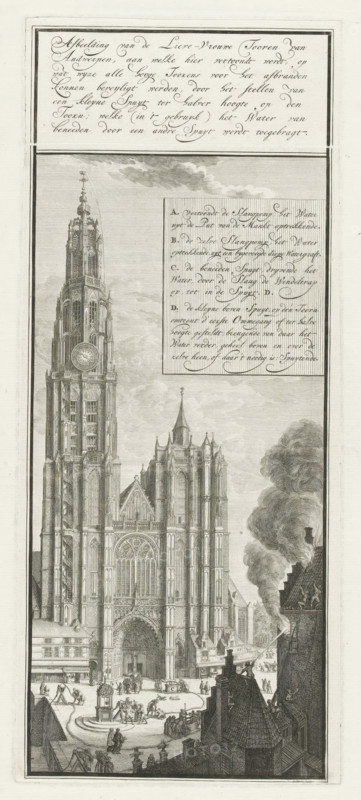 Demonstration of the hose fire engines on the tower of the Cathedral of Our Lady in Antwerp, ca. 1670-1680, Image of the Tower of Our Lady of Antwerp, print, Demonstration of the use of the hose fire engines by pumping water from a well and spraying it over the tower of the Cathedral of Our Lady in Antwerp (ca. 1670-1680). In the foreground, the extinguishing of a fire in a house on the square. In a cartouche, the explanation of the letters AD in Dutch. Above the plate, a second plate with text is printed. Plate 25 in the reprint of the Brandspuitenboek by Jan van der Heyden from 1735., printmaker: Laurens Scherm, Northern Netherlands, 1690 - 1701, 1735, paper, etching, height 307 mm x width 130 mm, Used as an illustration in: Jan van der Heyden, Beschryving der nieuwlyks gevonden en geoctrojeerde slang-brand-spuiten en haare wyze van brand-blussen, tegenwoordig binnen Amsterdam in gebruik zijnde, t'Amsterdam, bedrukt voor de erfgenaamen van Jan vander Heiden, 1735., Person, Jan van de...