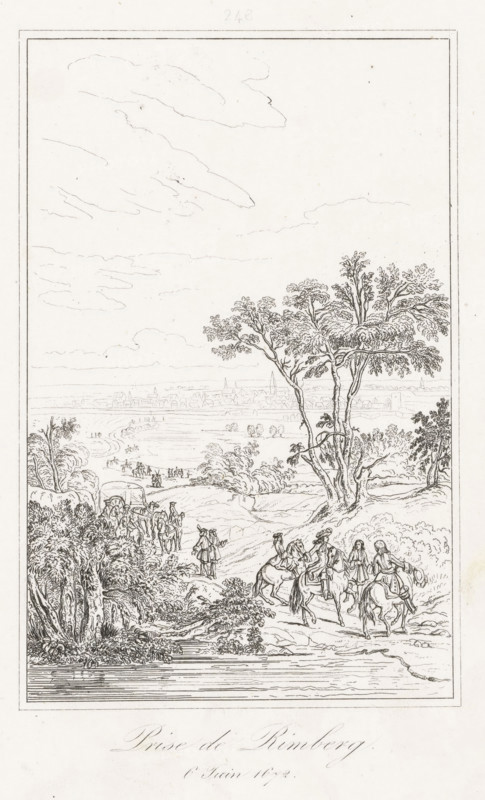 Capture of Rimberg, 6 June 1672, Capture of Rheinberg, 1672, print, historical print, Conquest of Rheinberg by the French army, 6 June 1672. Officers on horseback by a brook, in the background the profile of the city. After the painting in the Palace of Versailles. Numbered at the top: 246., printmaker: Etienne Acille Réveil (possibly), France, after painting by Pierre Denis Martin (le jeune), after design by Adam Frans van der Meulen, publisher: Charles Gavard, 1835 - 1840, paper, etching, height 230 mm x width 144 mm, Used as an illustration in: C. Gavard, Galeries historiques de Versailles, collection de gravures réduites d'après les dessins originaux du grand ouvrage, Paris 1840, no. 246. Stated on the print: Diagraphe et Pantographe Gavard., Person, Louis XIV (King of France), capture of city (after the siege), Capture of Rheinberg (1672), North Rhine-Westphalia, Rheinberg, Period, 1672-06-06, A tall vertical pen drawing framed by a thin border shows a river in the foreground with...