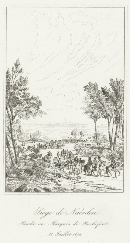 Siege de Naerden. Rendu au Marquis de Rochefort. July 12, 1672, Siege of Naarden, print, historical print, Siege and conquest of Naarden by the French army under the Marquis de Rochefort, July 12 (or 20), 1672. After the painting in the Palace of Versailles., printmaker: Etienne Acille Réveil (possibly), France, after painting by Jean Baptiste Martin (le vieux), publisher: Charles Gavard, 1835 - 1840, paper, etching, height 228 mm x width 145 mm, Used as illustration in: C. Gavard, Galeries historiques de Versailles, collection de gravures réduites d'après les dessins originaux du Grand Ouvrage, Paris 1840. Stated on the print: Diagraphe et Pantographe Gavard., Person, Louis XIV (King of France), capture of city (after the siege), Year of Disaster, Naarden, Period, 1672-06-12, A tall rectangular pen-and-ink landscape framed by a thin border shows a distant walled town with a church tower on a flat horizon, a large open sky with wispy cloud lines, and a foreground scene of a procession ...