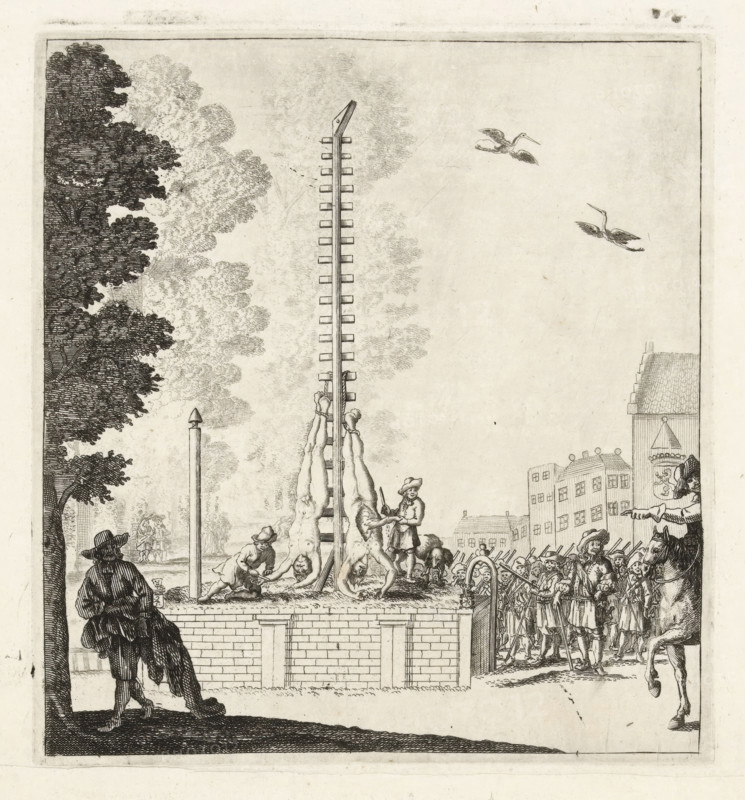 Mirror of State. Depicted in Mr. Kornelis and Ian de Wit, Mutilation of the bodies of the De Witt brothers, 1672, print, Representation of the mutilation of the bodies of the brothers Johan and Cornelis de Witt, August 20, 1672. On the right a horseman, on the left a man with a garment of one of the victims. In the air two storks. Below the scene is a verse in two columns in which the murders are justified., printmaker, Northern Netherlands, paper, etching, letterpress printing, etching with letterpress text, height 415 mm x width 325 mm, Person, Cornelis de Witt, Johan de Witt, attempt, political murder, mutilation of the corpse, lynching, violent death, being killed, being killed mishandled and maltreated, seeking death (death by lynching), Death of the De Witt brothers, political history, murder, The Hague, Period, 1672-08-20, A detailed black and white etching shows a tall wooden pole with rungs and three naked bodies hanging upside down from it, their limbs bound and heads near th...