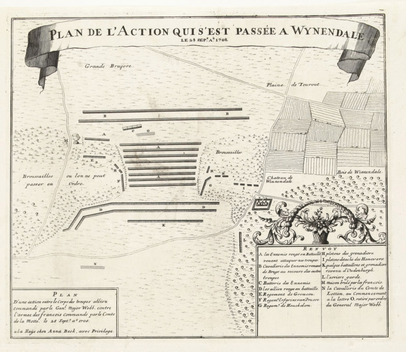 Plan of the Battle of Wijnendale, 1708, Plan de l'Action qui s'est passée a Wynendale de 28 sep.e aé. 1708, print, map, Map of the battle on September 28, 1708 at Wijnendale in West Flanders between the Allied troops under Major General Webb, who were escorting a convoy, and French troops under Count de la Mott. Printed on the sheet below the plate an account of the battle in 2 columns in French and 2 columns in Dutch., printmaker, publisher, grantor of privilege, The Hague, Northern Netherlands, paper, etching, letterpress printing, etching with text in letterpress, height 578 mm x width 445 mm, Compare the almost identical print by Jacobus Harrewijn in: Table des cartes des Pays-Bas et des frontieres de France, avec un recueil des plans des villes, sieges et battailles données entre les hauts allies et la France, Eugene Henry Fricx, Brussels 1712, maps of separate countries or regions, battle (land forces), Battle of Wijnendale (1708), Wijnendale, Period, 1708-09-28, Aged map fragmen...