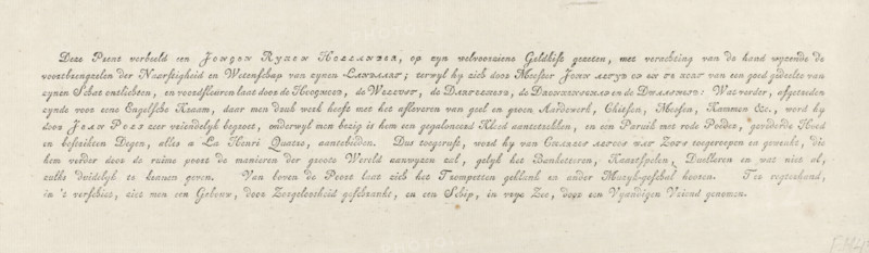 Text sheet accompanying the caricature on the pro-English sentiment of young Holland, 1780, cartoon, text sheet, Text sheet belonging to the caricature on the pro-English sentiment of young Holland, 1780. Nine lines of text printed in italics., printmaker, Northern Netherlands, paper, letterpress printing, text in letterpress, height 138 mm x width 436 mm, political caricatures and satires, Fourth Anglo-Dutch War, Period, A rectangular off-white sheet with a horizontal band of elegant cursive script printed across the center, surrounded by ample blank margins; the paper shows a subtle textured surface with small flecks and faint creases, and there are a few tiny brownish spots and slight discolorations near the center and edges.
