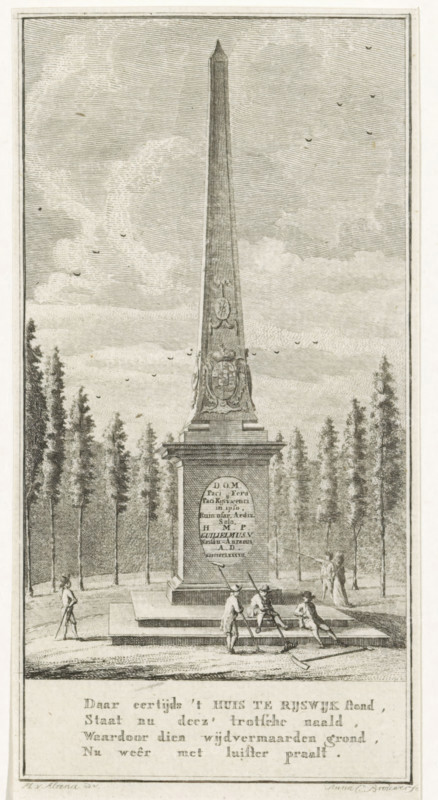 Memorial Obelisk for the Peace of Rijswijk 1697, print, Memorial obelisk in the Rijswijk forest erected in 1792 on the site where the Huis te Nieuburch in Rijswijk formerly stood, where the Peace of Rijswijk was concluded on September 20, 1697, between France and the Allies. In the margin, a four-line verse. Accompanying the sheet are two text sheets with a description of the monument., printmaker: Anna Catharina Brouwer, Northern Netherlands, after drawing by Maas van Altena, Rijswijk (South Holland), 1792, paper, etching, engraving, letterpress printing, etching and engraving, text in letterpress, height 166 mm x width 86 mm, monument, statue, Peace of Rijswijk (1697), Huis ter Nieuburch, Period, 1697-09-20, A tall, narrow obelisk stands on a stepped rectangular base in a tree-lined open area; the obelisk has decorative carved panels and a small pointed top, and the base shows an inset panel. Several people in period clothing are around the monument: a group of men working with long ...