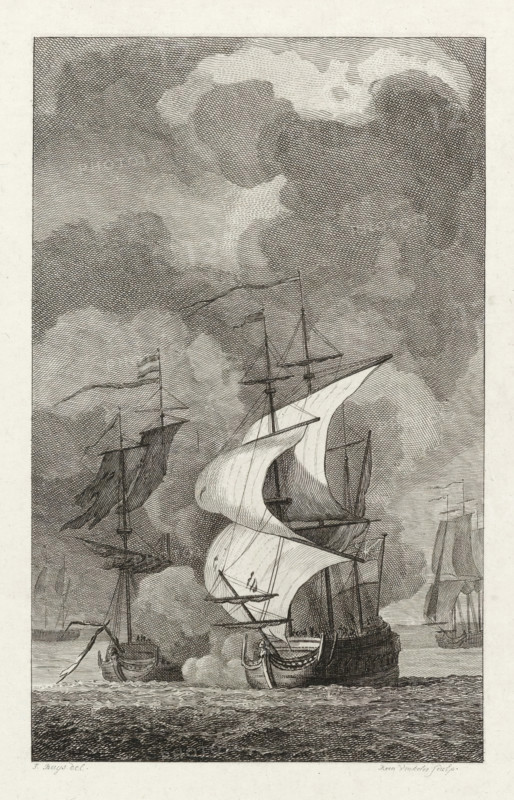 Jarry killed in battle with the English, 1783, print, historical print, The privateer ship 'de Vlissinger' of privateer captain Nicolas Jarry in battle with an English warship, Jarry is killed in battle, January 1783., printmaker: Reinier Vinkeles (I), Northern Netherlands, after drawing by Jacobus Buys, 1791, paper, etching, engraving, etching and engraving, proof print before the letter, height 237 mm x width 155 mm, Used as illustration: PA Loosjes. Patriotic History, Containing the History of the United Netherlands, In the immediate continuation of Wagenaar's Patriotic History, Vol. 6. Amsterdam: Johannes Allart, Vol. VI, 1791., Person, Nicolas Jarry, battle (naval force), Fourth English War, Period, 1783-01, An engraved scene shows several sailing ships on rippling water beneath a sky filled with swirling, textured clouds, with one prominent ship in the foreground displaying billowing sails, masts, rigging, and a visible bowsprit, alongside smaller vessels with furled and partiall...