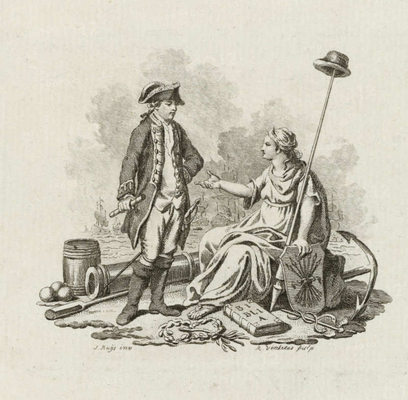 Uniform of the Heelhaakschutters in Dordrecht, 1783, Uniform of the Heel-Haaks. Militia in Dordrecht, print, The uniform of the Heelhaakschutters in Dordrecht, 1783. In the foreground a standing militiaman in full rigging, in the background the drilling militia. In the margin the title and the coat of arms of the militia., printmaker: Carel Frederik Bendorp (I), Northern Netherlands, after drawing by Johannes Christiaan Bendorp, paper, etching, engraving, hand coloring, etching and engraving, hand-colored, height 234 mm x width 195 mm, (military) uniforms (citizen soldiery, civil guard, citizen militia), drill, military training (citizen soldiery, establishment of drill societies (1783-1786), Dordrecht, Period, A monochrome engraved scene shows a standing man in period clothing wearing a tricorne hat and a long coat with decorative buttons, holding a small stick and looking toward a seated woman who reaches out with one hand; the seated woman wears draped robes and holds a long staff t...