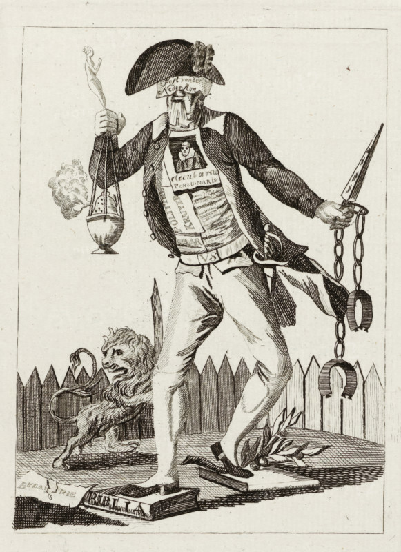 Image of a Kees, Weegluis, Avijoenvreeter, Amokspoeger, or Contemporary Patriot, Caricature of the patriot Pieter de Waal, 1784, cartoon, print, Caricature of the midshipman Pieter de Waal of the Ninth Civic Company in Rotterdam, who was wounded during the violence on April 7, 1784. His face and chest are constructed from pamphlets by Oldenbarnevelt and patriotic magazines. He tramples on the Bible and a branch of the House of Orange. In his hands, an incense burner, a dagger, and shackles. Printed with a sheet beneath a verse in two columns., printmaker, Northern Netherlands, paper, etching, engraving, letterpress printing, engraving and letterpress, height 249 mm x width 182 mm, anthropomorphic beings with parts of abnormal shape - AA - female human figure, Patriot Era (1780-1795), Rotterdam, Period, 1784-04-07, A tall, thin man in period clothing stands with one leg forward, wearing a tricorne hat and a long coat with visible buttons and textured shading, a sash and layered garments...