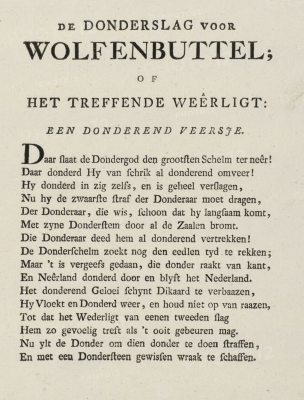 Satirical verse on the Duke of Brunswick, 1784, The Thunderclap for Wolfenbuttel, or The Striking Resonance: a thundering little verse, text sheet, Text sheet with a satirical verse on Louis Ernest, Duke of Brunswick-Wolfenbüttel, 1784., writer (clerical worker): anonymous, Northern Netherlands, writer (clerical worker), paper, letterpress printing, text in letterpress, height 210 mm x width 163 mm, Person, Ludwig Ernst von Braunschweig-Wolfenbüttel, Patriot Era (1780-1795), Period, A beige page with black printed serif text arranged in centered headings at the top and left-aligned lines below, showing a large bold title near the upper center, smaller capitalized headings beneath it, and multiple lines of paragraph text in a uniform typeface that extend down the page, with a large decorative initial at the start of the first paragraph and ample blank margin at the bottom.