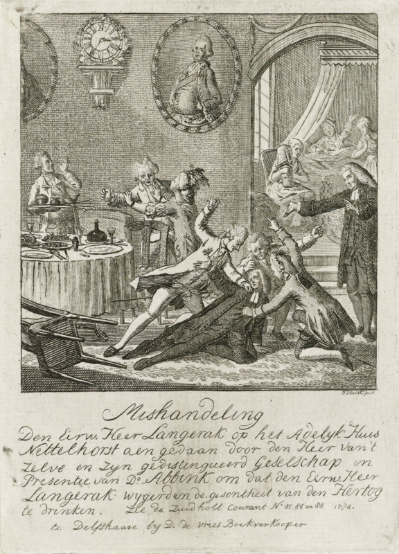 Assault on Minister Langerak, 1784, Assessment inflicted upon the Reverend Mr. Langerak at the Noble House Nettelhorst by the Lord of the same, print, Assessment of Minister Langerak from Laren at the House Nettelhorst near Lochem by Baron van Heeckeren, Mayor De Wolff of Lochem and Mr. Sölner because the minister refused to drink to the health of the Duke of Brunswick, July 1784. On the right, the Lochem minister Abbink looks on approvingly. On the wall, a painting with a portrait of the Duke of Brunswick. The print is accompanied by a text sheet with explanation., printmaker: Joannes Hulstkamp, Northern Netherlands, publisher: D. de Vries, Delfshaven, Rotterdam, paper, etching, engraving, etching and engraving, height 137 mm x width 99 mm, Person, Ludwig Ernst von Braunschweig-Wolfenbüttel, fist-fight, Patriot Era (1780-1795), Lochem, Huis Nettelhorst, Period, 1784-07, An engraved scene showing a room with a round dining table covered by a cloth and set with plates, glasses, and serv...