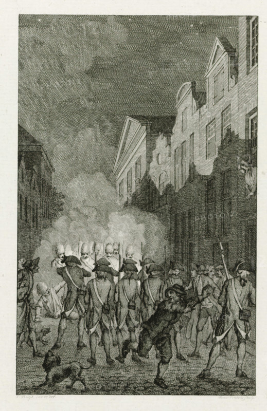 Confrontation between civilian patrol and military patrol in Arnhem, 1784, print, historical print, A confrontation between a civilian patrol and a military patrol in the Turfstraat in Arnhem, August 2, 1784. Riots in connection with the cemetery issue in Arnhem., printmaker: Reinier Vinkeles (I), Northern Netherlands, after drawing by Jacobus Buys, 1788 - 1790, paper, etching, engraving, etching and engraving, proof print before the letter, height 238 mm x width 159 mm, Used as illustration in: PA Loosjes. Vaderlandsche historie, vervattende de geschiedenissen, der Vereenigde Nederlanden, Ten onmiddelyken vervolge van Wagenaar's Vaderlandsche historie. Amsterdam: Johannes Allart, vol. 3, 1790., warfare, military affairs (citizen soldiery, civil guard, citizen militia), Patriot Period (1780-1795), establishment of exercise societies (1783-1786), Arnhem, Period, 1784-08-02, A detailed black and white engraving shows a narrow street flanked by tall buildings with stepped gables and recta...