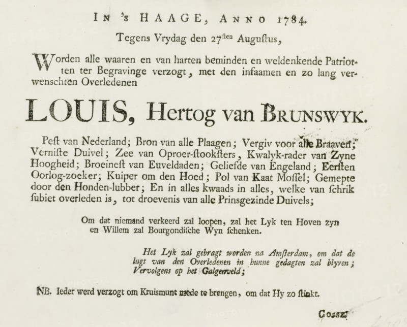 Invitation to the funeral of the Duke of Brunswick, 1784, text sheet, Fictitious invitation to attend the funeral of the Duke of Brunswick, August 27, 1784., publisher: anonymous, Northern Netherlands, paper, letterpress printing, text in letterpress, height 179 mm x width 231 mm, Person, Ludwig Ernst von Braunschweig-Wolfenbüttel, Period, 1784-08-27, A section of an aged printed page with dark serif type on a light background, featuring a large bold name centered near the top, smaller lines of text above and below it, varied font sizes and weights, visible ink speckles and slight smudging in places, and a faint printed mark near the lower right corner.