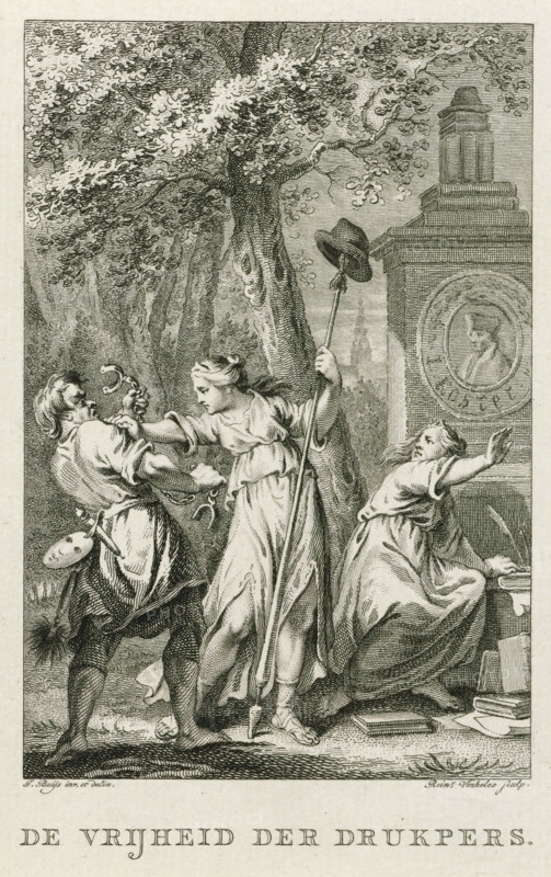 Freedom of the Press, Title page for the poem: The freedom of the press, 1787, print, title page, Allegory in which Liberty protects a female writer against the attempts of a man (Censorship) to bind her. In the background a monument to Laurens J. Coster., printmaker: Reinier Vinkeles (I), Northern Netherlands, after drawing by Jacobus Buys, paper, etching, engraving, etching and engraving, height 154 mm x width 103 mm, Used as title print for: Batavus Bernardus Bosch, The freedom of the press. Amsterdam 1787., Person, Laurens Janszoon Coster, Freedom, Liberty, 'Libertà' (Ripa) (abstract concept represented by female figure), censorship, Patriot time (1780-1795), Period, A detailed black and white engraving shows three expressive figures in a wooded clearing beside a stone monument. A central standing woman in a flowing dress holds a long staff with a hat perched on top and reaches toward a man to her left whose posture is recoiling; he wears workmanlike clothes with a palette and tool...