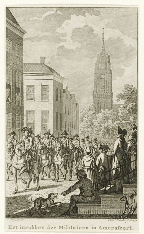 The Entry of the Soldiers into Amersfoort, Entry of soldiers into Amersfoort, 1785, print, By order of Prince William V and at the request of the Provincial States of Utrecht, the soldiers are being entered, August 16, 1785. Soldiers on horseback march through a street in Amersfoort., printmaker: Reinier Vinkeles (I), Northern Netherlands, after drawing by Jacobus Buys, 1793, paper, etching, height 150 mm x width 90 mm, Used as illustration in: PA Loosjes. Vaderlandsche historie, vervattende de geschiedenissen, der Vereenigde Nederlanden, Ten onmiddelyken vervolge van Wagenaar's Vaderlandsche historie. Amsterdam: Johannes Allart, vol. 11, Patriot Period (1780-1795), Amersfoort, Period, 1785-08-16, A detailed engraving shows a city street lined with multistory buildings on the left and dense trees on the right, a tall ornate tower rising behind the trees under a sky with large billowing clouds, a formation of uniformed mounted soldiers riding down the street toward the foreground with h...
