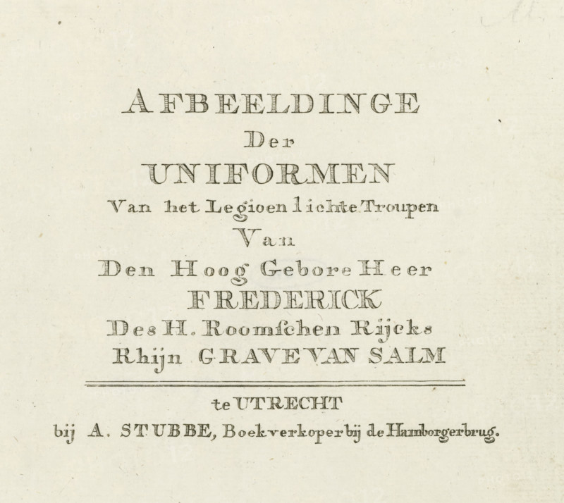 Title print of the print series of uniforms of the Legion of the Count of Salm, 1785, Uniforms of the Legion of the Count of Salm, Image of the Uniforms of the Legion of Light Troops of the High-Born Lord Frederick of the Holy Roman Empire, Count of Salm, print, title print, Title print with text. Part of the print series of uniforms of the legion of Frederick III, in the service of the Republic in 1785., printmaker, publisher, Utrecht, Northern Netherlands, paper, etching, height 155 mm x width 200 mm, Person, Count of Salm Frederick III, Patriot Era (1780-1795), Period, A vertically oriented aged paper sheet with rows of dark printed ornamental characters arranged in centered lines, decorative horizontal rules, and a few small specks and faint smudges scattered across the light textured background.