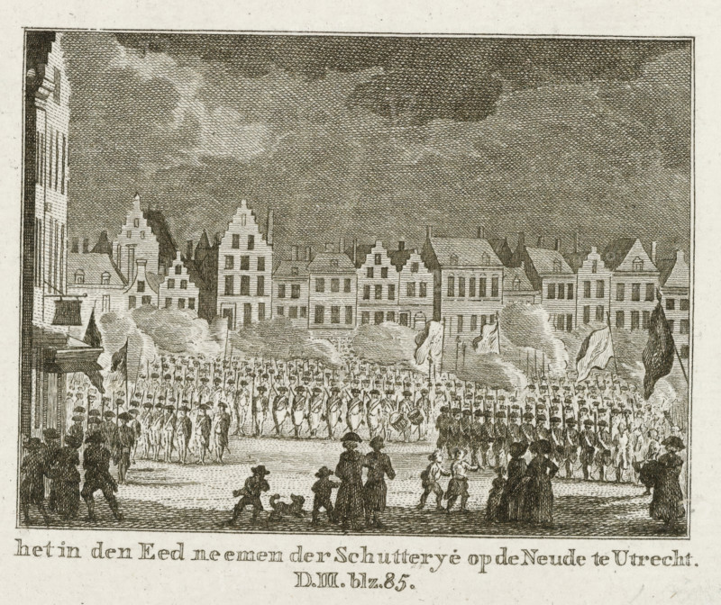 the taking of the oath by the Militia on the Neude in Utrecht, Militia takes the oath in Utrecht, 1786, print, The members of the Utrecht militia take the oath on the new government regulations, on the Neude in Utrecht, March 20, 1786. Marked at the bottom: D.III.p.85., printmaker: Pieter Hendrik Jonxis (possibly), Northern Netherlands, 1786 - 1792, paper, etching, engraving, etching and engraving, height 103 mm x width 130 mm, warfare, military affairs (citizen soldiery, civil guard, citizen militia), taking the oath, military service, Patriot Era (1780-1795), Utrecht, Neude, Period, 1786-03-20, A wide engraved scene showing a city square bordered by rows of tall stepped-gable buildings, with a densely crosshatched sky above; in the square a large formation of uniformed figures stands in ranks holding long objects and flags, while groups of onlookers, including adults and children, stand or walk in the foreground with some figures seen from behind and a few seated or crouching; trees ...