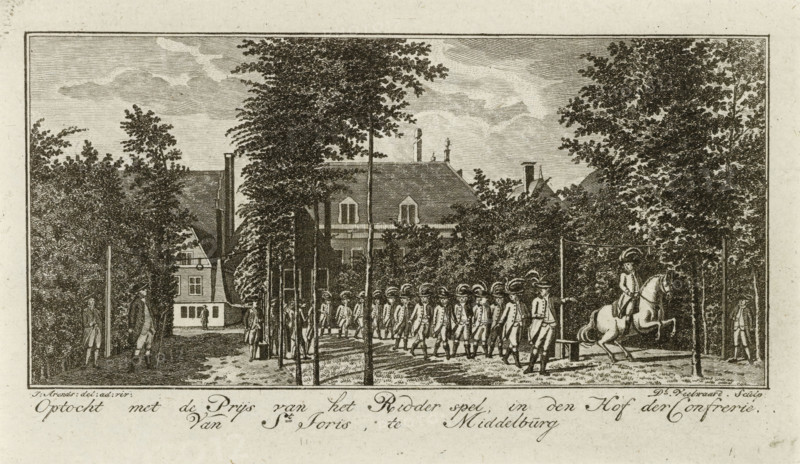 Procession with the Prize for the Knightly Game, in the Courtyard of the Confraternity of St. George in Middelburg, Procession with the prize for the knightly game of the Confraternity of St. George in Middelburg, ca. 1785-1786., print, Procession of marksmen with the prize for the knightly game (ring jousting), printmaker: Daniël Veelwaard (I), Northern Netherlands, after drawing by Jan Arends, Middelburg, 1785 - 1786, paper, etching, height 91 mm x width 156 mm, According to Muller used as an illustration in the Zeeuwsche (so-called) Chronicle Almanac, 1786., Person, Confraternity of St. George, military parade, pageant (citizen soldiery, civil guard, citizen militia), Period, A rectangular engraving shows a tree-lined open space with a large gabled building partially obscured by foliage in the background; rows of uniformed figures wearing tricorn hats march in formation along a path beneath the trees while a mounted rider on a prancing horse sits near a low horizontal bar supported ...