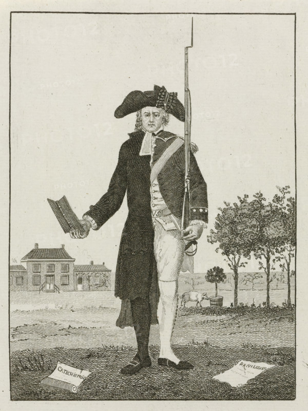 Caricature of the patriot preacher Johan Jacob le Sage ten Broek, 1785, Op den Professoraale Krygsman, cartoon, print, Caricature of the Rotterdam patriot preacher and professor Johan Jacob le Sage ten Broek, ca. 1785. Ten Broek is depicted on one half as a member of a volunteer corps in uniform with a rifle and on the other half as a preacher with a Bible in his hand. In the background, a pig is sniffing at an orange tree. On the sheet below the plate, two four-line verses., printmaker, Northern Netherlands, paper, etching, engraving, letterpress printing, engraving and letterpress, height 280 mm x width 152 mm, Person, Johan Jacob le Sage ten Broek, warfare, military affairs (citizen soldiery, civil guard, citizen militia), functionaries and dignitaries, Protestant churches, Patriot Era (1780-1795), establishment of military training societies (1783-1786), Rotterdam, Period, An engraved image of a standing man shown from head to toe, wearing a tricorne hat with a decorative bow and a...