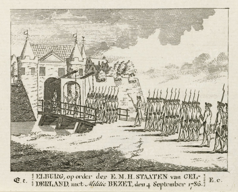 Elburg, by order of the EMH States of Gelderland, with Militia Command, on September 4, 1786, Capture of Elburg, print, Occupation of the city of Elburg by the stadholder's troops on September 6, 1786. Picture belonging to the letter E from an ABC book., printmaker, Northern Netherlands, paper, etching, height 81 mm x width 104 mm, Used as illustration in: Vorstelyke koninglyke en princelyke atlas, en dagboek van Nederlandsche evenementen, in de laatste jaaren voorgevallen. En eerlijk vaderlandsch, AB book. Amsterdam: Willem Coertse, 1790., capture of city (after the siege), Attack on Hattem and Elburg, Period, 1786-09-04, A detailed line drawing shows a fortified gateway with towers and crenellated walls, a drawbridge lowered over water, and soldiers in uniform standing in formation and marching with long pikes; a few figures stand within the arched gateway and on the bridge, while cannons protrude from the battlements and trees appear behind the walls beneath a sky filled with horizo...