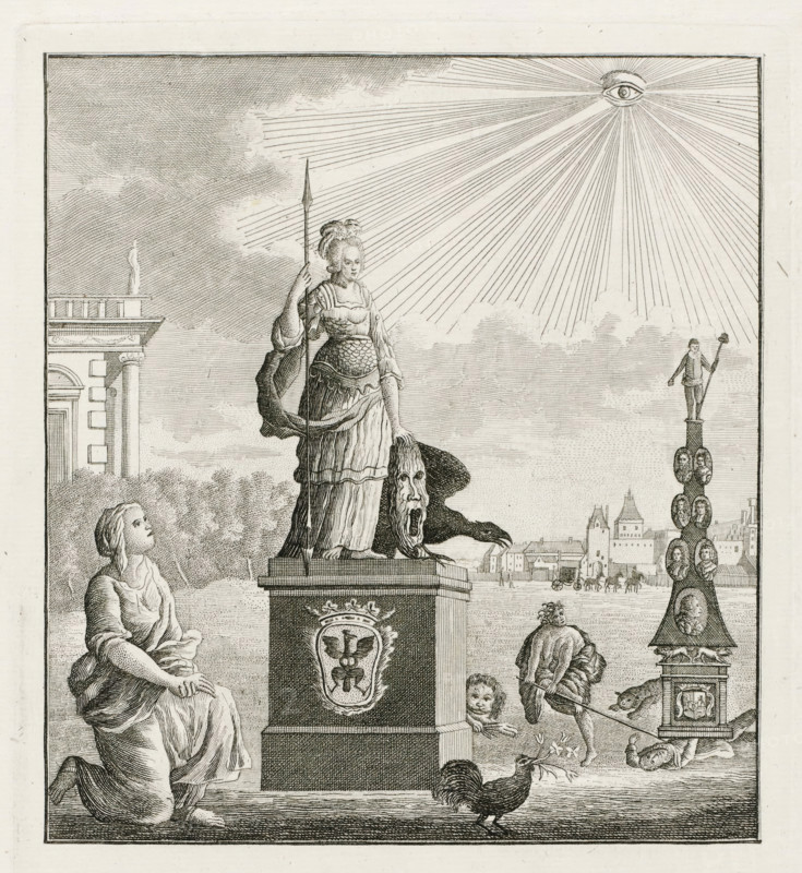 Moral Statue for Her Royal Highness, Madame the Princess of Orange, Born Princess of Prussia, Statue for Wilhelmina of Prussia, 1786, print, Allegroric statue in honor of Princess Wilhelmina of Prussia, following the mediation between the States of Holland and West Friesland and the Hereditary Stadtholder, 1786. Statue of the princess as an armed Amazon. On the right a monument with the princes of the House of Orange, on the left kneels Religion. In the sky the All-Seeing Eye. On the sheet below the plate an explanation of the representation and a verse in two columns. A pendant belongs to the plate., printmaker, Northern Netherlands, paper, etching, engraving, letterpress printing, engraving and book printing, height 383 mm x width 243 mm, Person, States of Holland and West Friesland, Wilhelmina of Prussia (1751-1820), monument, statue, the all-seeing eye, triangle with eye, symbol of God the Father, homage to a ruler, Patriot Era (1780-1795), Period, 1786-09 - 1786-10, A detailed eng...