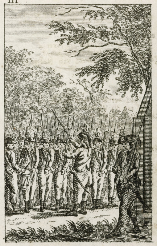 Citizen militia, almanac plate from ca. 1786, print, Exercise by a drill society. Part of a group of 6 plates from an almanac from ca. 1786. Marked at the top: III., printmaker, Northern Netherlands, paper, etching, height 90 mm x width 58 mm, Patriot Era (1780-1795), Period, 1786, A detailed black and white line drawing shows a formation of uniformed soldiers standing in ranks holding long muskets upright, their faces and tricorn hats visible, with one central figure in front gesturing with an extended arm and a raised musket as if commanding or demonstrating. To the right a lone soldier stands apart near a vertical wooden structure, holding a long pole and wearing a coat and hat. Behind the soldiers a dense background of trees with leafy canopies fills the upper half of the image, with branches extending across the sky and layered foliage creating depth. The ground in the foreground shows tufts of grass and textured shading, and the overall scene is framed by a rectangular border.