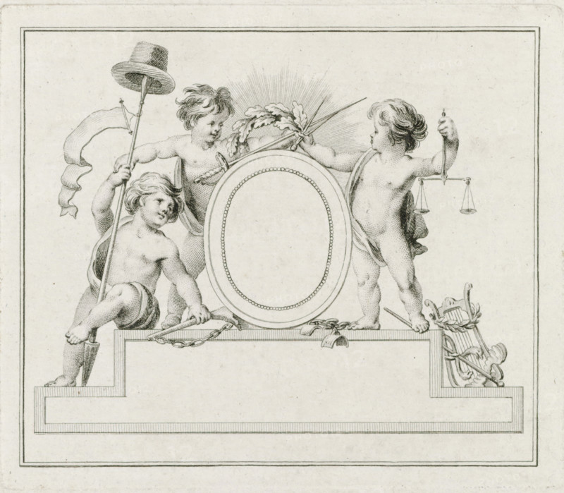 Membership card for the Vaderlandsche Sociëteit in Utrecht, 1795, print, membership certificate, Proof print of a membership card for the Vaderlandsche Sociëteit in Utrecht, founded 1795. Three putti around a medallion with the motto 'For Unity and the General Welfare'. The putti carry as attributes the spear with liberty cap, scales of Justice, and a sword with a wreath of oak leaves., printmaker: Reinier Vinkeles (I), Northern Netherlands, after drawing by WN Koopman, paper, etching, engraving, etching and engraving, proof print before the letter, height 111 mm x width 130 mm, Person, Vaderlandsche Sociëteit te Utrecht, Utrecht, Period, A detailed black and white engraving shows three cherubic children positioned around an ornate oval frame; one child on the left sits on stepped blocks holding a pole topped with a hat and flowing ribbon, another child behind the frame reaches over with arms extended toward a cluster of oak leaves and rays, and the third child on the right stands hold...