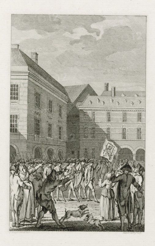Raising of the guard at the Binnenhof with a shameful banner, 1787, print, historical print, At the Binnenhof in The Hague, the guard marches with a shameful banner on which a gallows around the Dutch Lion is depicted, February 18, 1787., printmaker: Reinier Vinkeles (I), Amsterdam, after drawing by Jacobus Buys, Northern Netherlands, in or before 1796, paper, etching, engraving, height 231 mm x width 151 mm, Later state of print also used in: Loosjes, PA Vaderlandsche historie, vervattende de geschiedenissen der Vereenigde Nederlanden … Ten vervolge van Wagenaars Vaderlandsche historie. 48 volumes. Amsterdam: Johannes Allart, 1786-1811, vol. 16 (1796), between pp. 94 and 95, drill, military training, Patriot Era (1780-1795), The Hague, Binnenhof, Period, 1787-02-18, A large rectangular courtyard scene framed by multi-story stone buildings with rows of windows and arched ground-level openings occupies most of the image, with a cloud-filled sky above. In the open space, a dense crowd of...