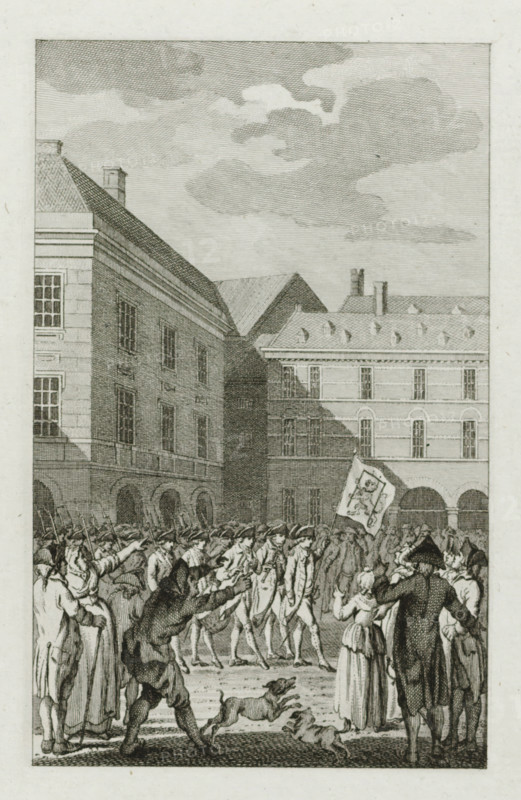 Raising of the guard at the Binnenhof with a shameful banner, 1787, print, historical print, At the Binnenhof in The Hague, the guard marches with a shameful banner on which a gallows around the Dutch Lion is depicted, February 18, 1787., printmaker: Reinier Vinkeles (I), Amsterdam, after drawing by Jacobus Buys, Northern Netherlands, in or before 1796, paper, etching, engraving, etching and engraving, proof print before the letter, height 165 mm x width 110 mm, Later state of print also used in: Loosjes, PA Vaderlandsche historie, vervattende de geschiedenissen der Vereenigde Nederlanden … Ten vervolge van Wagenaars Vaderlandsche historie. 48 volumes. Amsterdam: Johannes Allart, 1786-1811, vol. 16 (1796), between pp. 94 and 95., drill, military training, Patriot Era (1780-1795), The Hague, Binnenhof, Period, 1787-02-18, A tall courtyard scene framed by multi-story stone buildings with rows of windows and arched ground-level openings, a pitched roof and chimneys visible against a cloud...